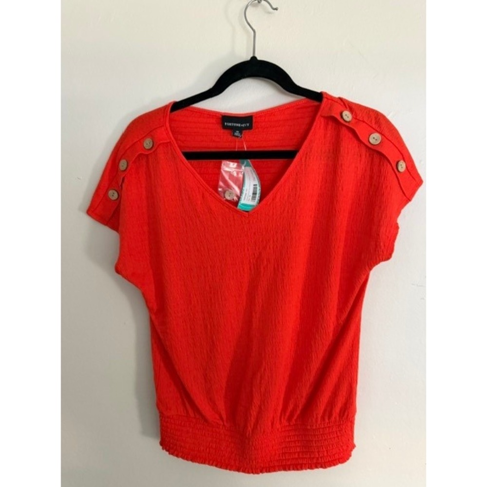 Fortune + Ivy Womens XS Red Orange Smocked Hem Button Shoulder V-Neck Blouse NWT